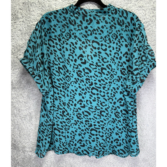 Susan Graver Style 2X Short Sleeve Top Sheer Blue Black Jaguar Pleated Buttons - Picture 2 of 10